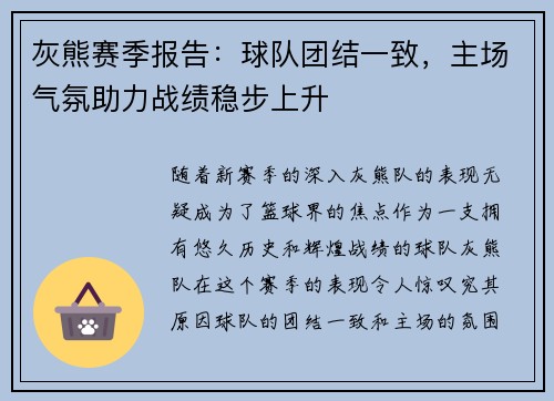 灰熊赛季报告：球队团结一致，主场气氛助力战绩稳步上升