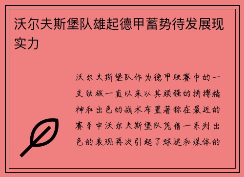 沃尔夫斯堡队雄起德甲蓄势待发展现实力